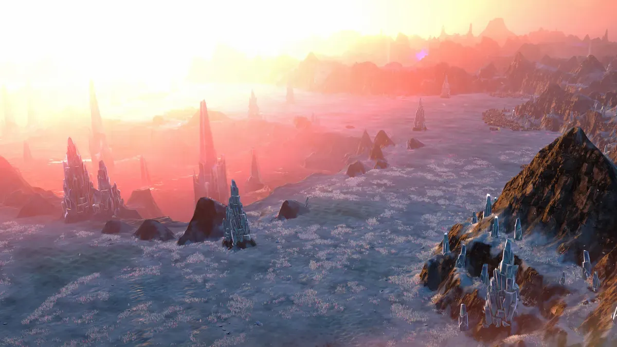 Misty alien vista with water and rock spires on Daegus in Star Trek: Outposts Unknown