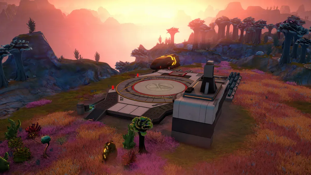 First outpost at sunset with a landing pad and supply cargo on Daegus in Star Trek: Outposts Unknown