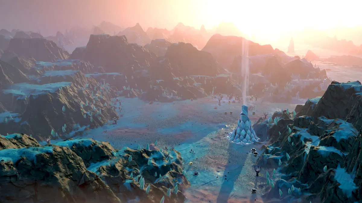Frozen mountain ridges on Kourou with a beam of light rising into the sky in Star Trek: Outposts Unknown