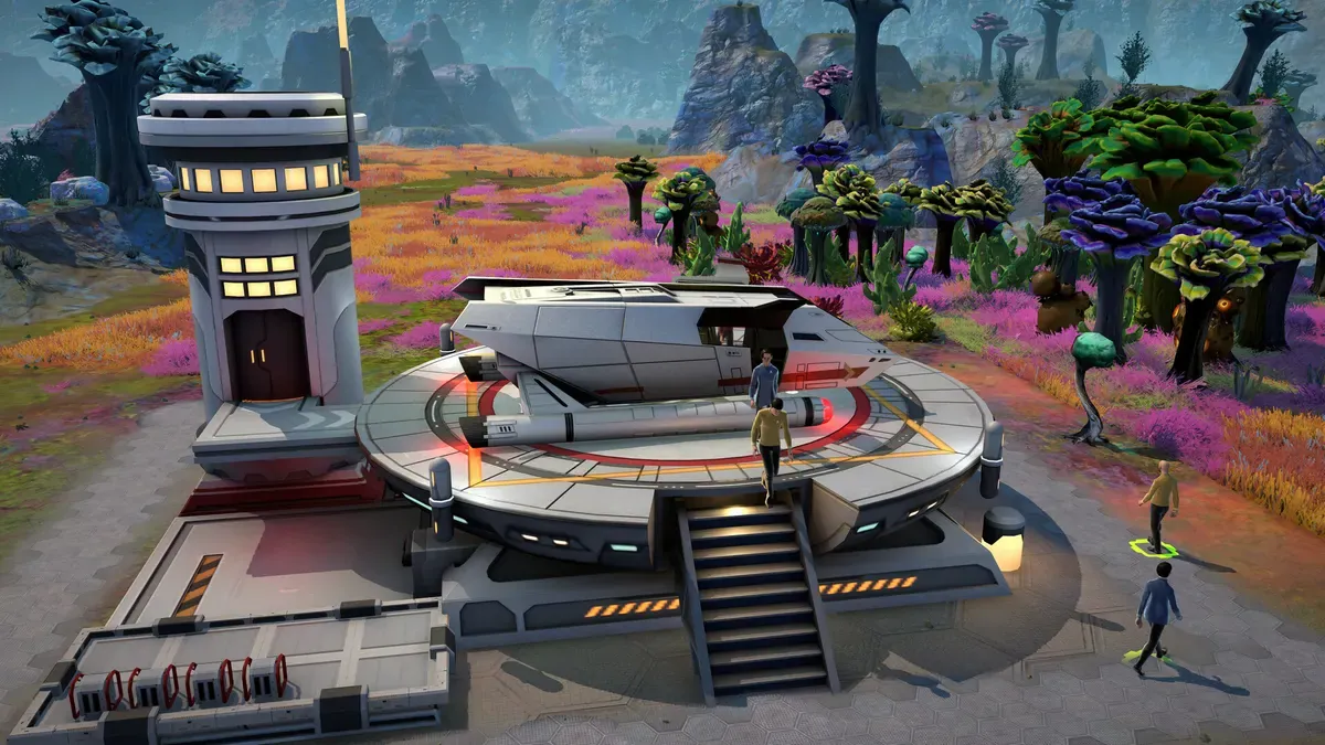 Crew members standing by a landing pad and shuttle on an outpost in Star Trek: Outposts Unknown